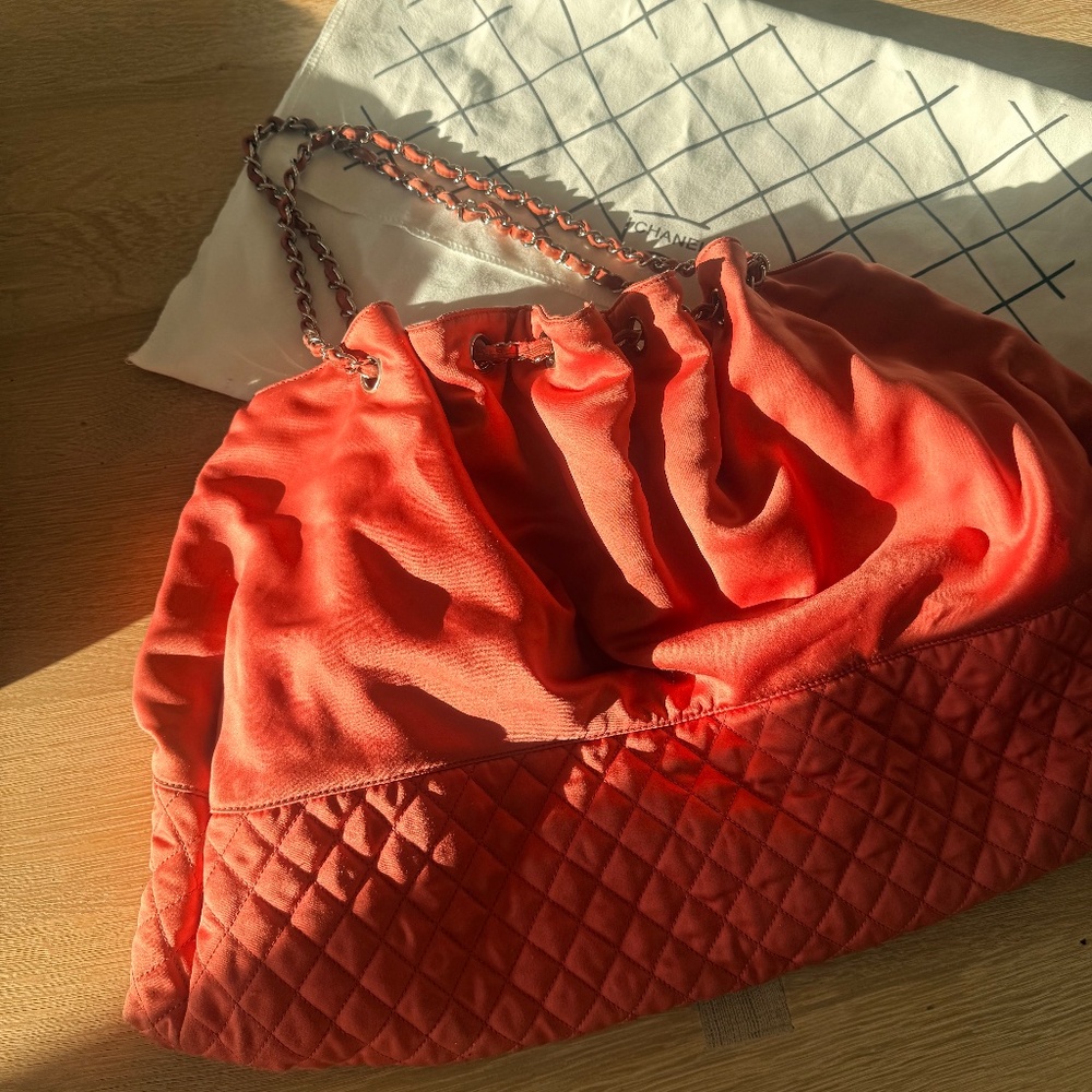 Authentic Chanel Bag Satin Melrose Cabas Light Red